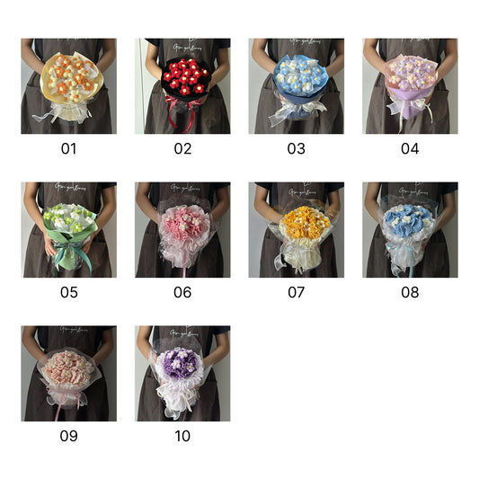 【完成品】ずっと咲き続ける 毛糸の花束（ニットブーケ）｜枯れない手編みフラワー・誕生日やプレゼントに｜全10色・編む手間なし